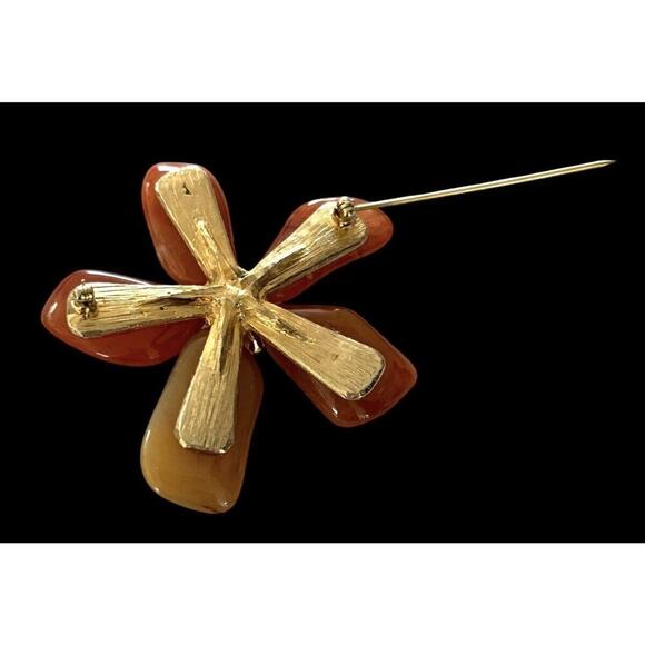 Orange Carnelian Flower Brooch Pin Faux Pearl Center Vintage Jewelry 3” MCM - Picture 6 of 8